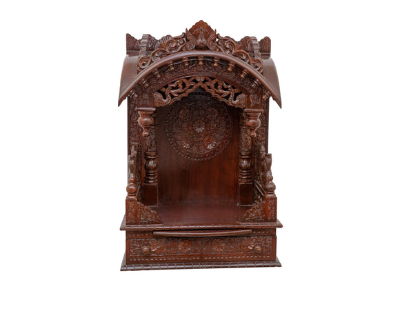 Wooden Engraved Home Puja Mandir by Pooja Bazar - Torana Temple, Wooden Mandir with Rosewood Finish 11 X 18 X 27 Inches