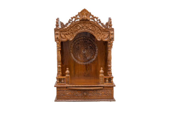 Wooden Engraved Home Puja Mandir by Pooja Bazar - Mandap Temple, Wooden Mandir with Rosewood Finish 11 X 18 X 28 Inches