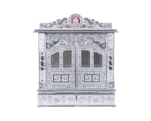 Home Pooja Mandir - Wooden Temple Plated with Pure Silver Aluminuim Sheets, Puja Mandap Home Mandhir 10 X 22 X 25 Inches