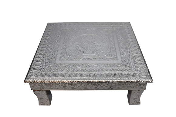 Silver Kalash Bajot by Pooja Bazar Indian Wooden Chowki Puja Table Medium - 15 Inch