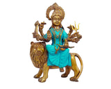 Goddess of Lions Murti in Blue Sari Brass Statue For Puja, Home Mandir, Gifts by Pooja Bazar 7 X 11 X 3 In