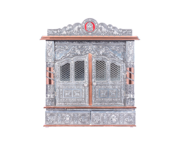 Home Pooja Wooden Mandir with Copper Oxidized Plated Puja Temple - Door 22