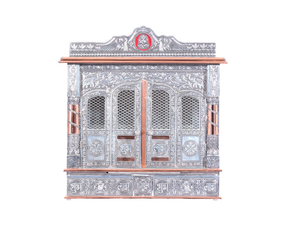 Home Pooja Wooden Mandir with Copper Oxidized Plated Puja Temple - Door 25